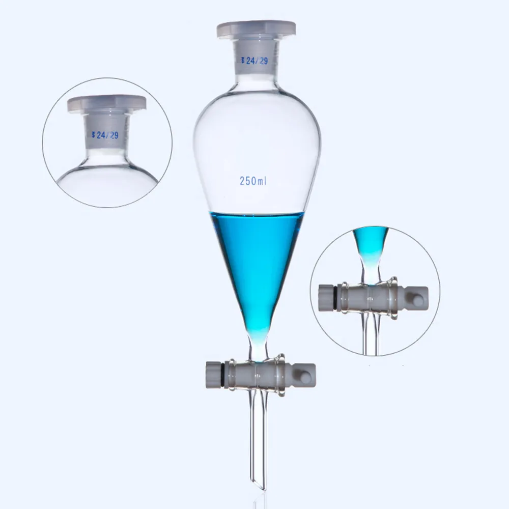 Suministros de laboratorio Líquido de embudo de cono dividido en forma de pera de alta calidad de 1/250 ml con vidrio de tapón de molienda