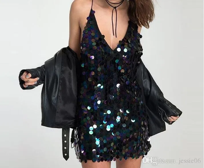 Fashion women shining big sequin spaghetti strap dress sexy club deep v neck backless party evening dresses apparel clothing S-XL gifts