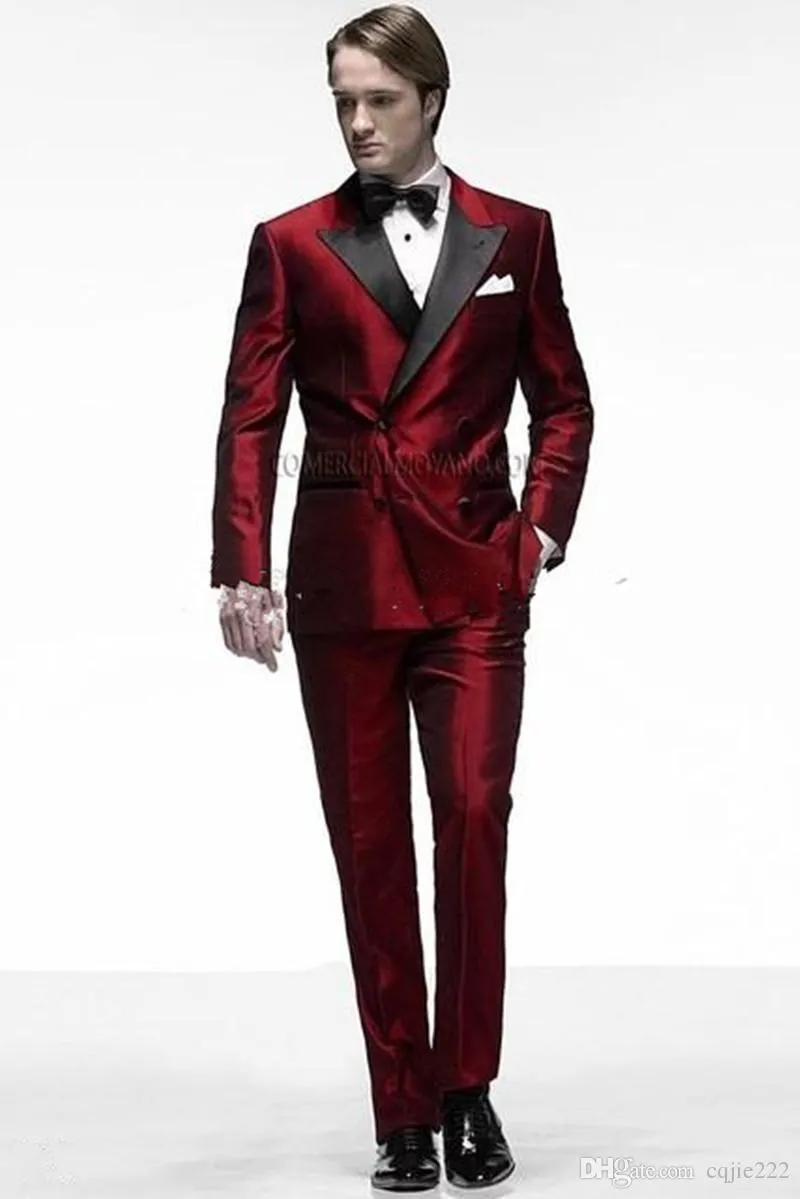 Red Satin Groom Tuxedos Double-Breasted Men Wedding Tuxedos Black Lapel Jacket Blazer Moda Mężczyźni Dinner / Darty Garnitur (Kurtka + Spodnie + Krawat) 1288