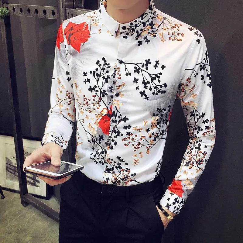 Camisa de los hombres de estilo brit nico 2018 oto o invierno nuevo hombres casual camisa floral slim fit moda rosa impresi n de manga larga vestido