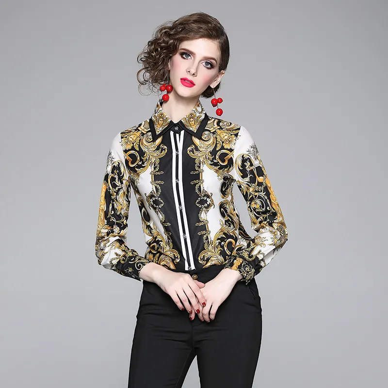 Роскошные дизайнерские офисные дамы винтажные рубашки 2021 мода с длинным рукавом отвороты вскользь женские взлетно-посадочные полосы блузки весна осень зима сексуальный тонкий барокко принте