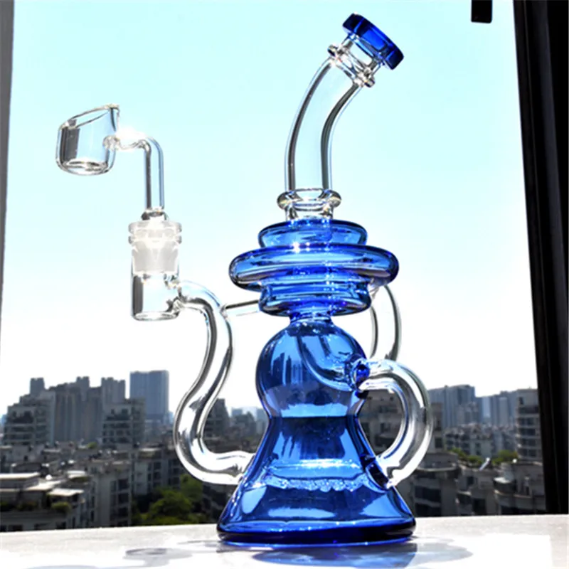 Vaso de cristal azul Bong Bong Cámara único aceite Dab Rigs Vaso Base de reciclaje de tuberías de vidrio con agua de 14 mm Conjunto