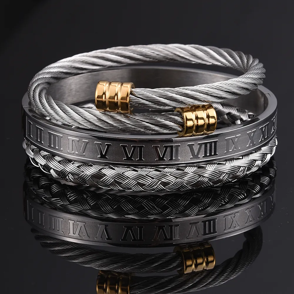 Roman Numeral Men Bracelet Handmade Stainless Steel Hemp Rope
