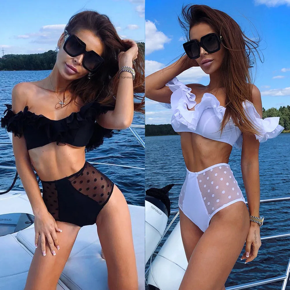 Ruffles Flor Dot Bikini Set Mulheres Swimwear 2019 New Unhementless Malha Alta Cintura Biquini Swimsuit Mulheres Banheira