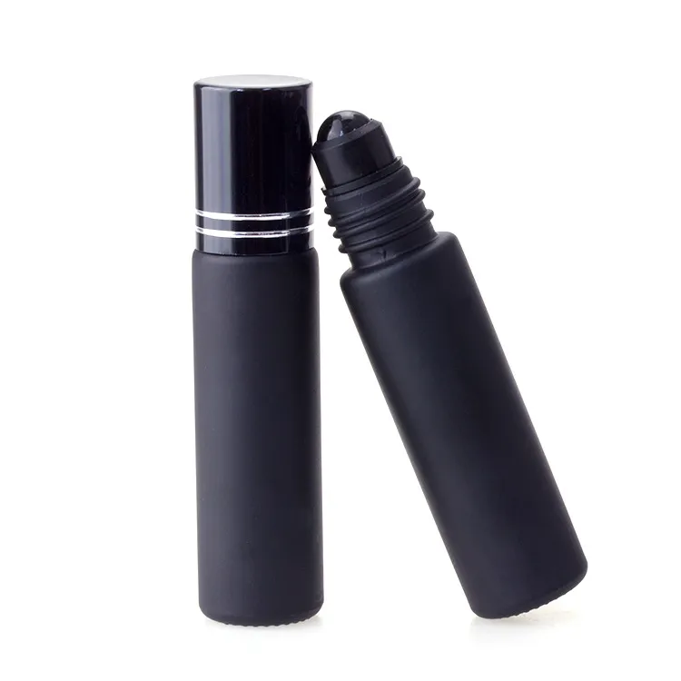 Black Aluminum Cap Black And Frosted 10ml Black Glass Roller Bottles With Gemstone Ball