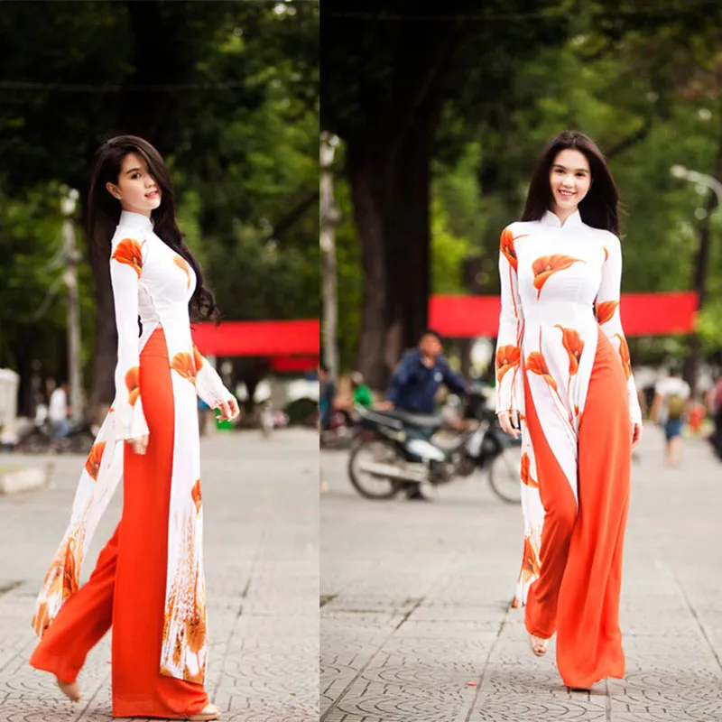 Authentique Vietnam Aodai cheongsam Robe traditionnelle haute fendue pantalon à jambes larges Costumes deux pièces fer à cheval lotus mince Robe vietnamienne Aodai