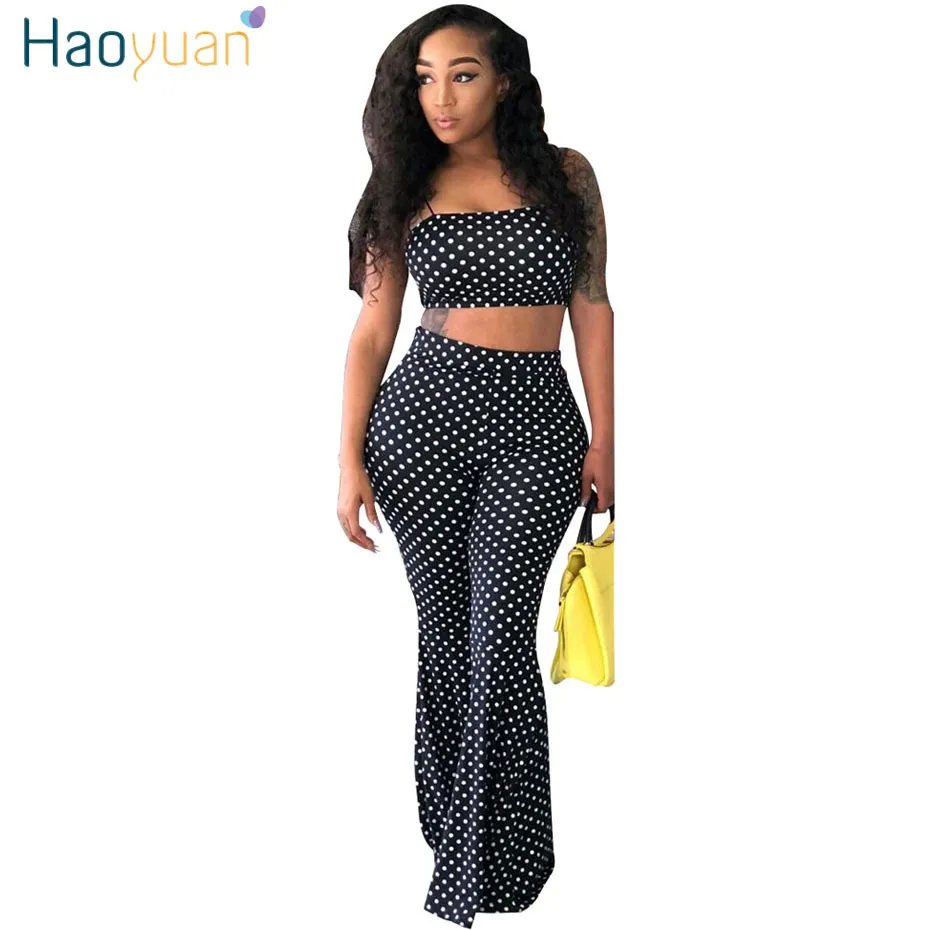 Haoyuan polka dot sexy twee stuk set vrouwen kleding zomer outfits spaghetti riem crop tops + flare pant pak 2 stuks matching sets y19062601