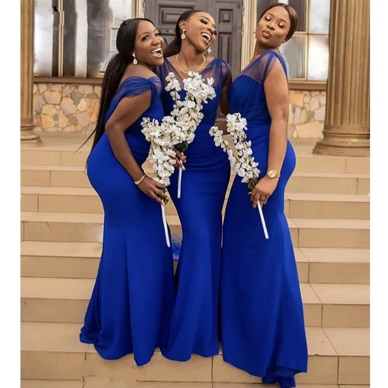 Royal Blue Satin Sheer Neck V-neck Bridesmaid Dresses Plus Size For African Wedding Country Mermaid Backless Dresses Evening Wear Prom