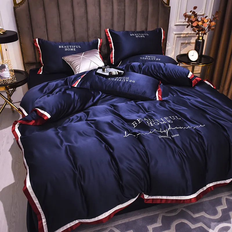 Rahat Yaz Saten İpek Yatak Seti Kral Kraliçe Yorgan Nevresim Yatak Tabağı Düz ​​Renkli Yatak Örtüsü Ev Tekstil FB2005010