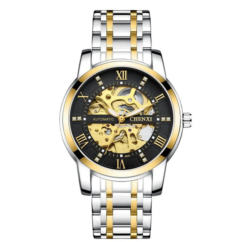 CHENXI oro marca automático de la cara de los hombres relojes mecánicos de la correa impermeable de 001 hombres del acero inoxidable del reloj redondo Tourbillon Reloj de pulsera