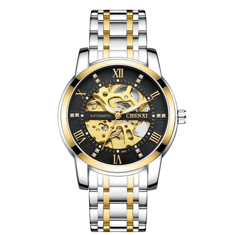 Chenxi Gold Dial Face Automatic Mechanical Men Watches Waterproof 001 rostfritt stål remmar Mänklocka runt Tourbillon armbandsur