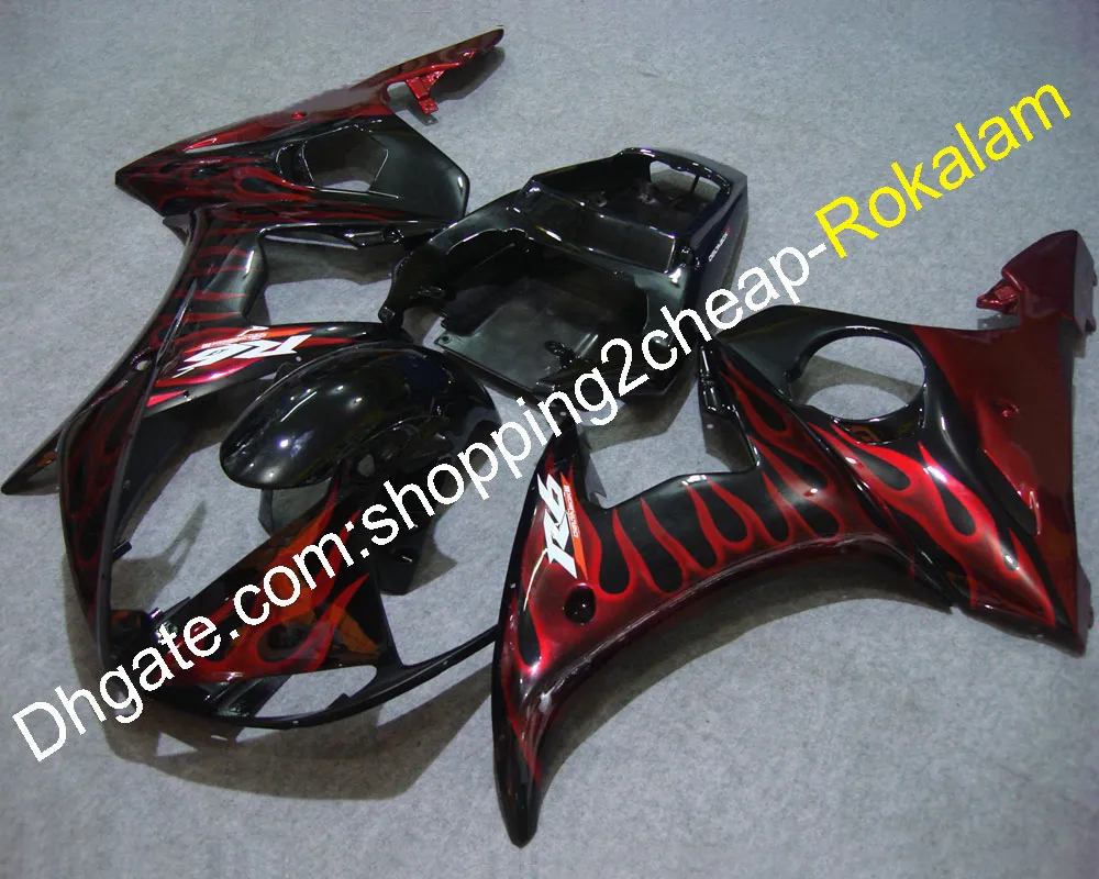 Svart ABS plastfeoking YZF600R6 05 Kroppssats för Yamaha YZF 600 R6 2005 Race Bike Red Flame Fairings (formsprutning)