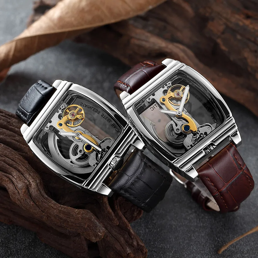 Transparante Automatische Mechanische Horloge Mannen Steampunk Skeleton Luxe Gear Zelfopwindende Lederen heren Klok Horloges montre hom250p