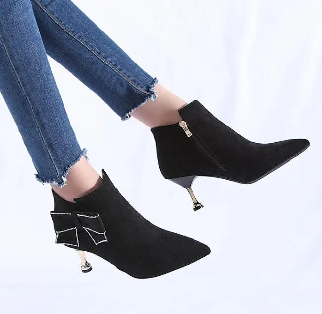 Women Ankle Boots Mid High Heels Short Boots 2019 Winter Pointed Toe Spike Heels Autumn Shoes Slip On Black Shoe