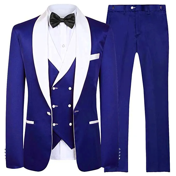 Mais novo Padrinhos de Noivo Smoking Azul Royal Xaile Lapela Branca Homens Ternos de Casamento Melhor Homem Noivo (Jaqueta + Calça + colete + Gravata) L247