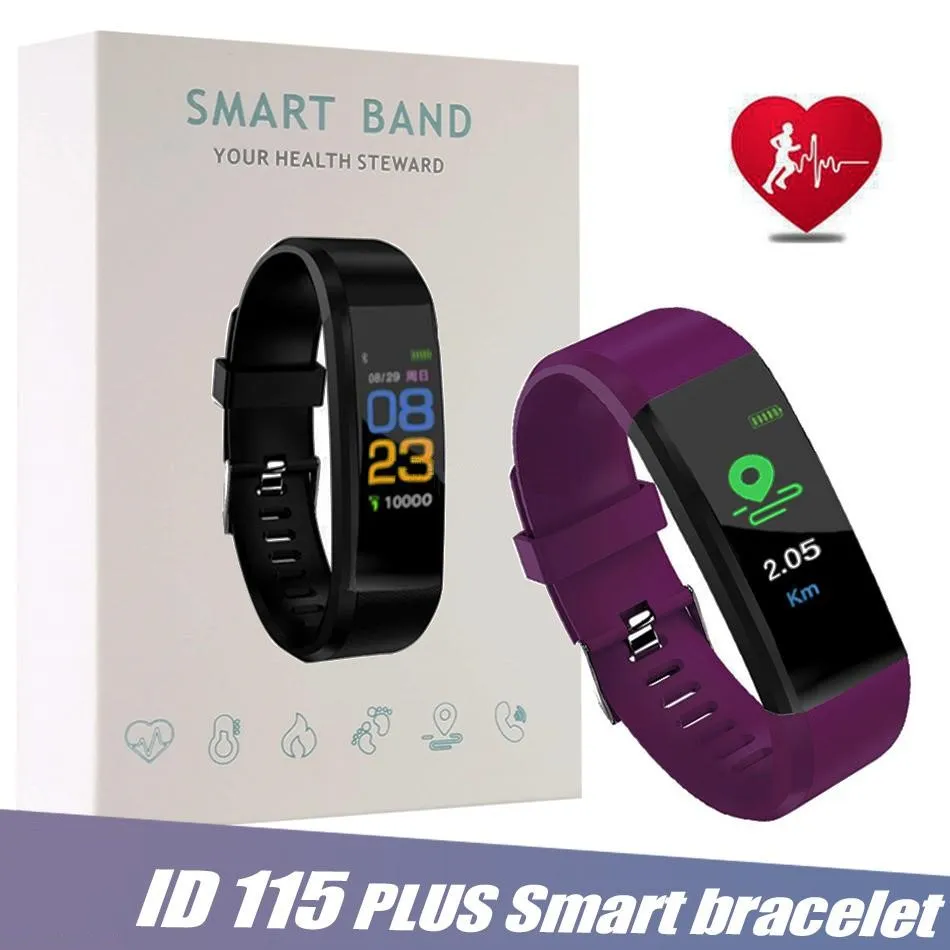 Fitness Tracker ID115 Plus Braccialetto intelligente Orologio intelligente Cinturino per frequenza cardiaca Cinturino intelligente per cellulari Apple Android con scatola