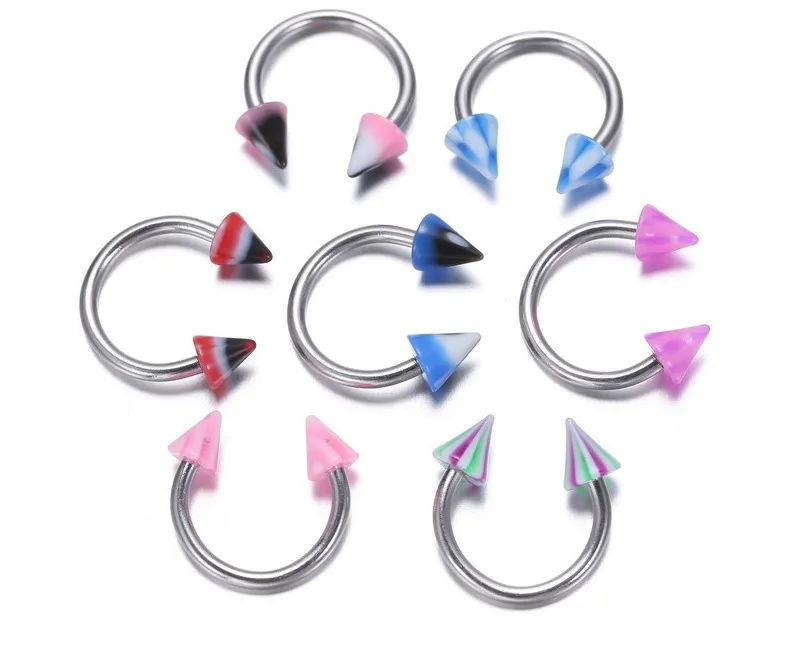 316L Stainless Steel Circular Arc Eyebrow Nose Nipple Rings With Colourful Acrylic Conical Nails Screw-back Ear Puncture Jewelry