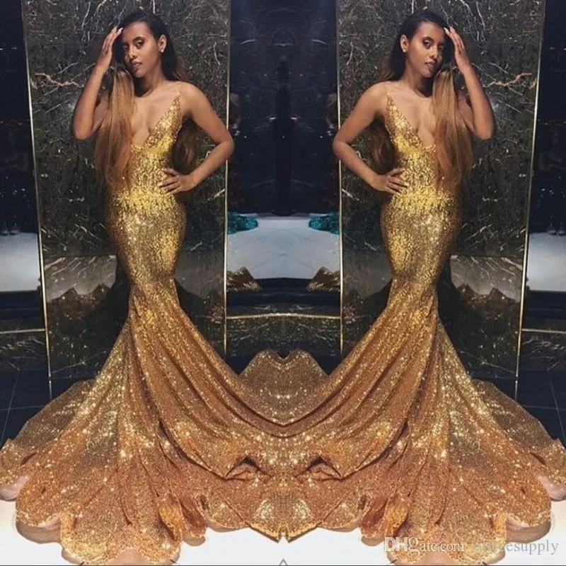 Incroyable or paillettes scintillantes robes de bal Sexy col en V profond pierres perlées dos nu balayage train sirène fête robes de soirée, plus la taille