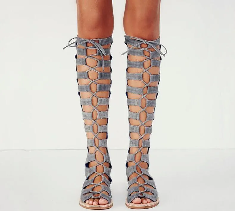 Thigh high lace up flat sandals deals