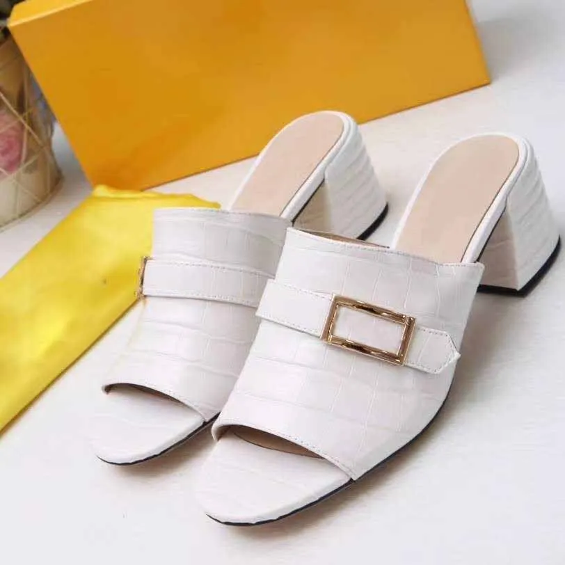 Summer new fashion high heel slippers designer thick heel wedge nude sandals high quality metal buckle check square heel sandals large size