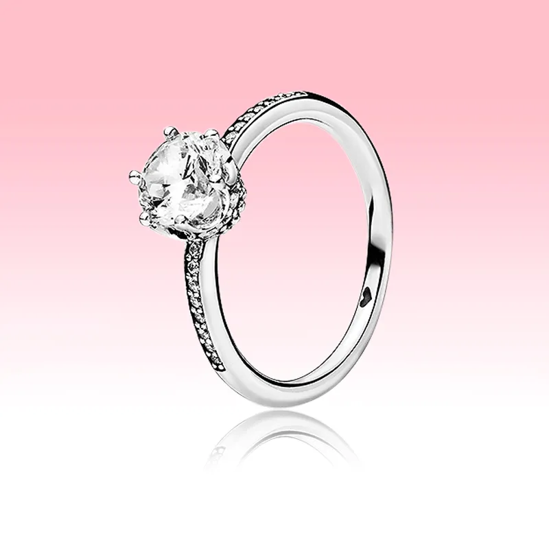 Vit gnistrande kronring CZ Diamond Bröllopsring för kvinnor för Pandora 925 Sterling Silver Förlovningsringar med Originalbox-set