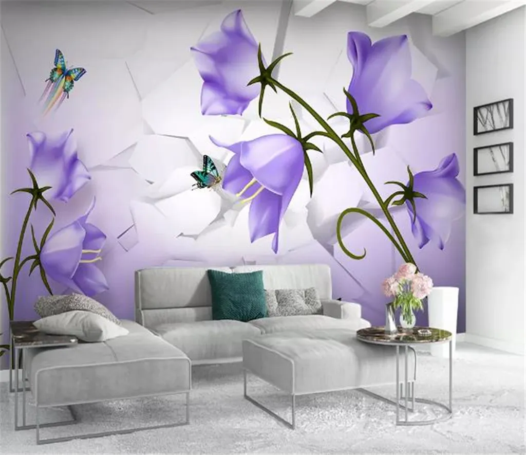 Papier peint Mural personnalisé 3D, belle fleur violette de rêve papillon 3D, décoration murale de fond de salon et de chambre à coucher