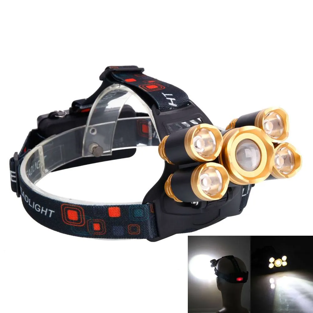 Huvudlampor Bärbar belysning 3.7V 2400LM 5T6 Flexibel Zoom Högljus Utomhusflygplan Headlamp Golden