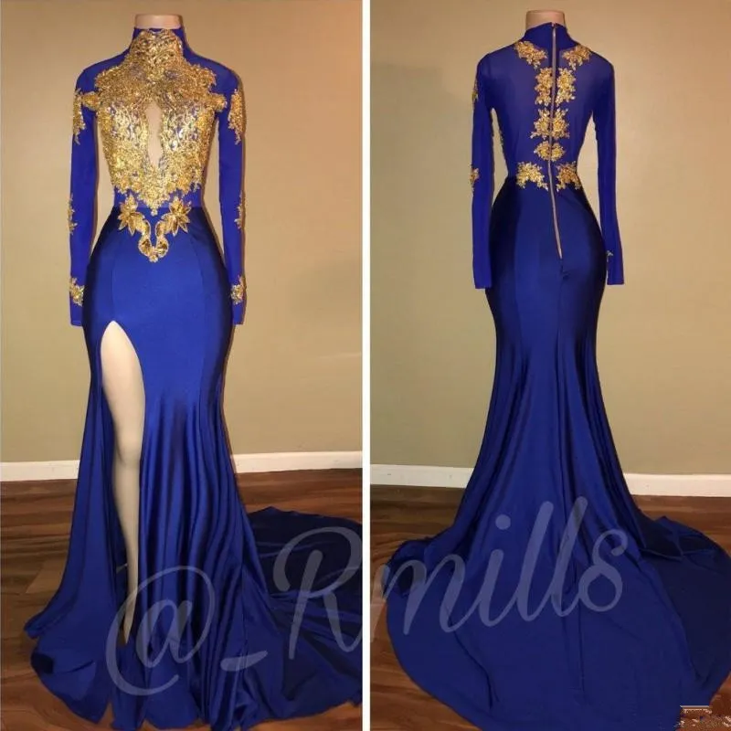 2019 Sexy High Neck Blue Prom Dresses Mermaid Slit Long Sleeves Party Dress Evening Wear Lace Applique Sequined Graduation Gowns 2K19