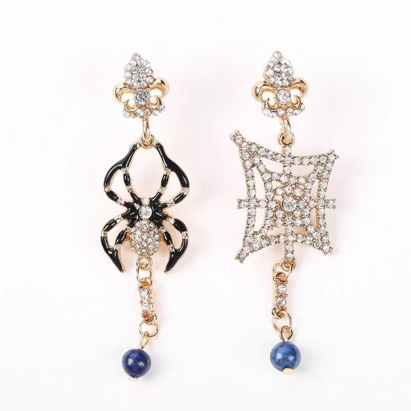 New Luxury Designer Womens Halloween Diamond Enamal Spider Mesh Asymmetric Single Long Dangle Stud Earrings Jewelry Gifts for Women Girls