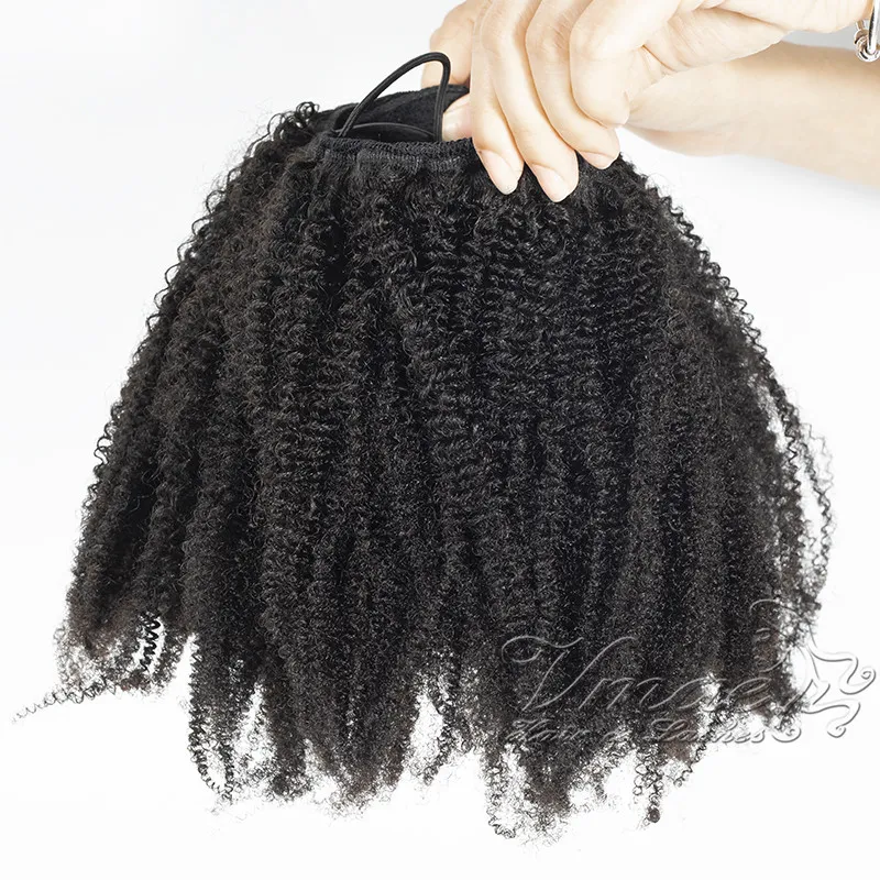 Moğol 4A 4B 4C Bukleler 120g Doğal Renk #1B Horsetail El işi Afro Kinky Kıvırcık Kaba Düz Elastik Bant Bakire İnsan Saç Uzantıları Drawstring Ponytail