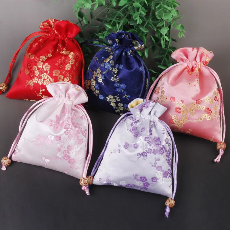 Wiśniowe kwiaty małe favor torby weselne jedwabne brocade torebka sznurka biżuteria prezent torba do przechowywania tkaniny torby opakowaniowe 50 sztuk / partia