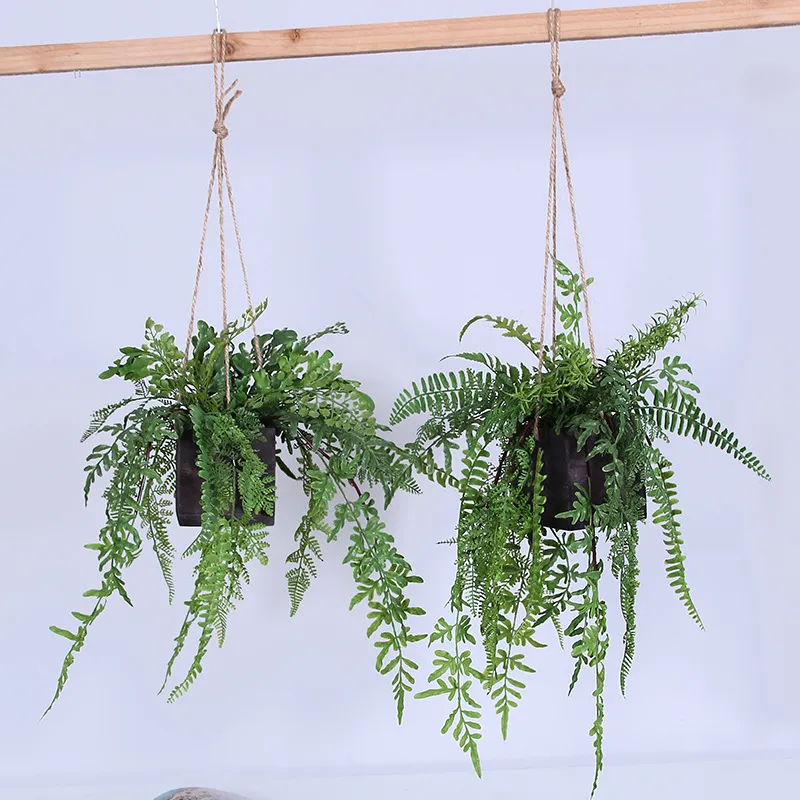 Indoor/Outdoor Leather Fern With Mossy Hanging Basket Artificial Plants