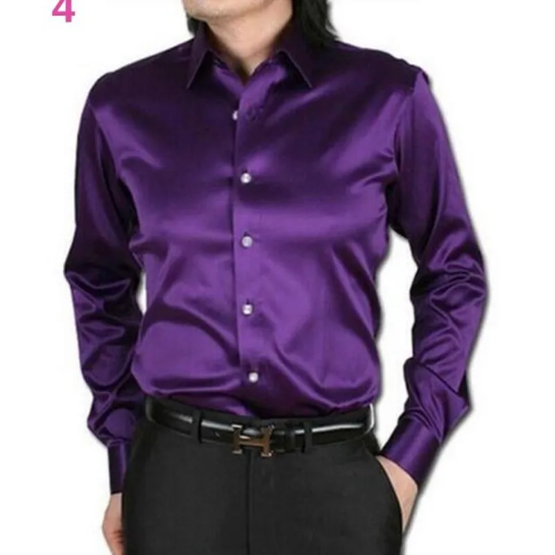 Men's Dress Shirts Men Shirt Custom Casual Suits Silk Satin Long Sleeve Fashion Style Groom Purple Color