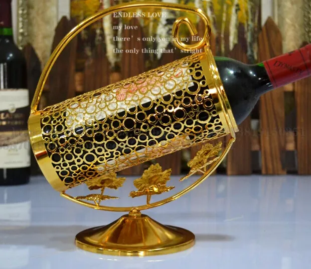 Gratis frakt Top Nominell guldpläterad vinhylla, metall vinställ, vinhållare för 750 ml flaska, guldhållare
