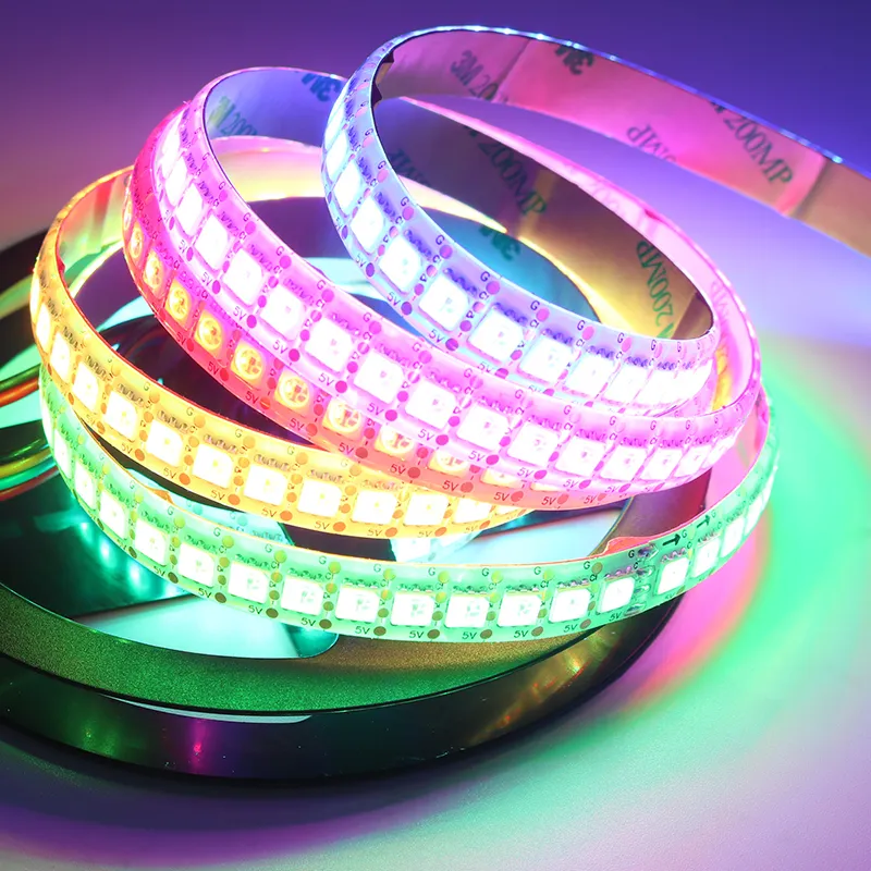 2M 144LEDs/m APA107 RGB LED Strip Pixel Light adressable, avec APA107 IC intégré dans la bande LED 5050 SMD RGB ; DC5V, PCB blanc, étanche IP65