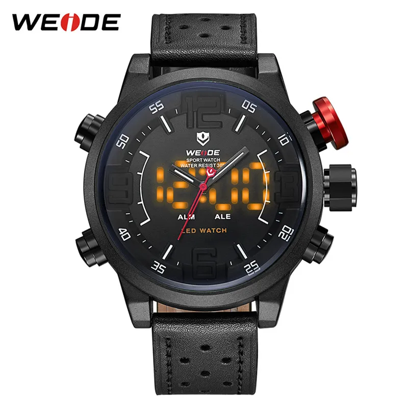 Weide Men's Casual Fashion numeral Digital Display Quartz Multiple Time Zone Auto Date Alarm Leather Strap belt WristWatches