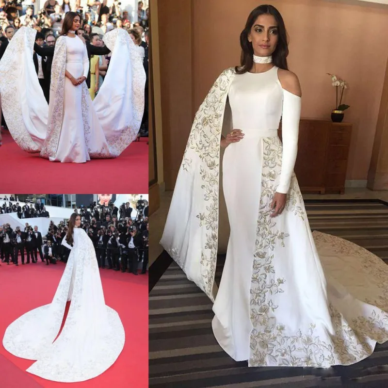 runway fashion Embroidered evening dresses white cape style long sleeves evening gowns sweep train prom party dress custom made