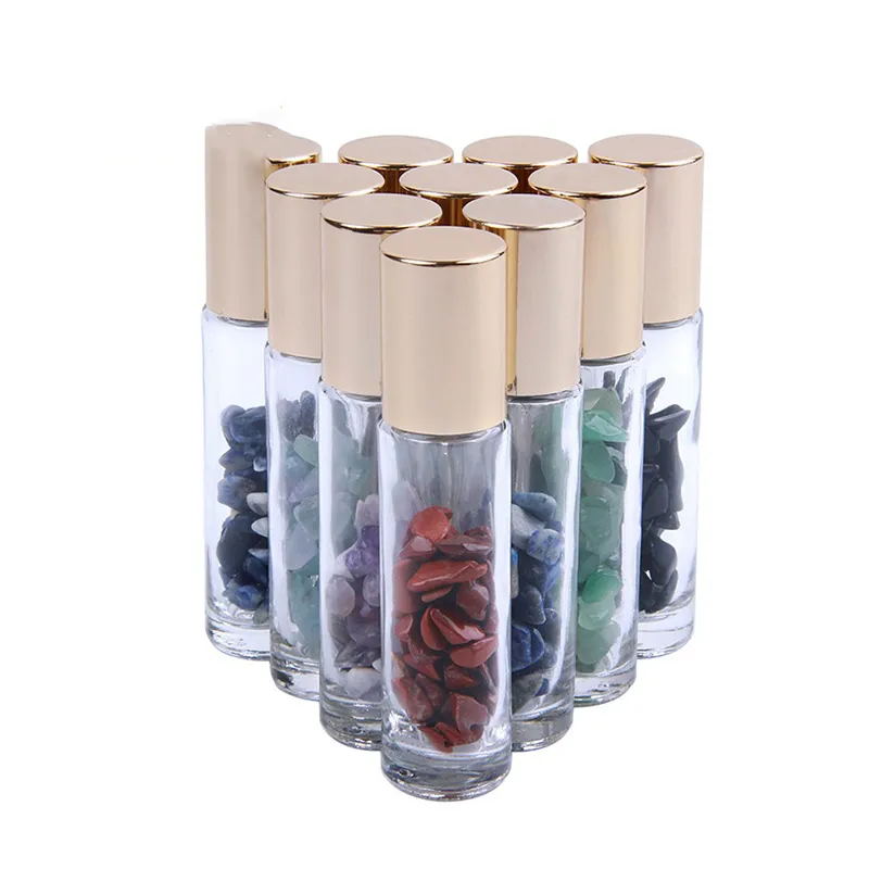 10ML Natural Semiprecious Stones ssential Oil Gemstone Roller Ball Bottles Clear Glass Healing Crystal Chips