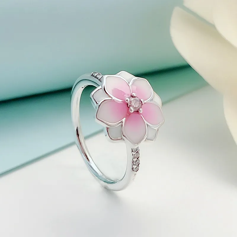 Różowy Kwiat Magnolia Elegancki pierścionek do Pandora 925 Sterling Silver Luksusowy Projektant Pierścień Urodzinowy Pierścień prezent z oryginalnym pudełkiem