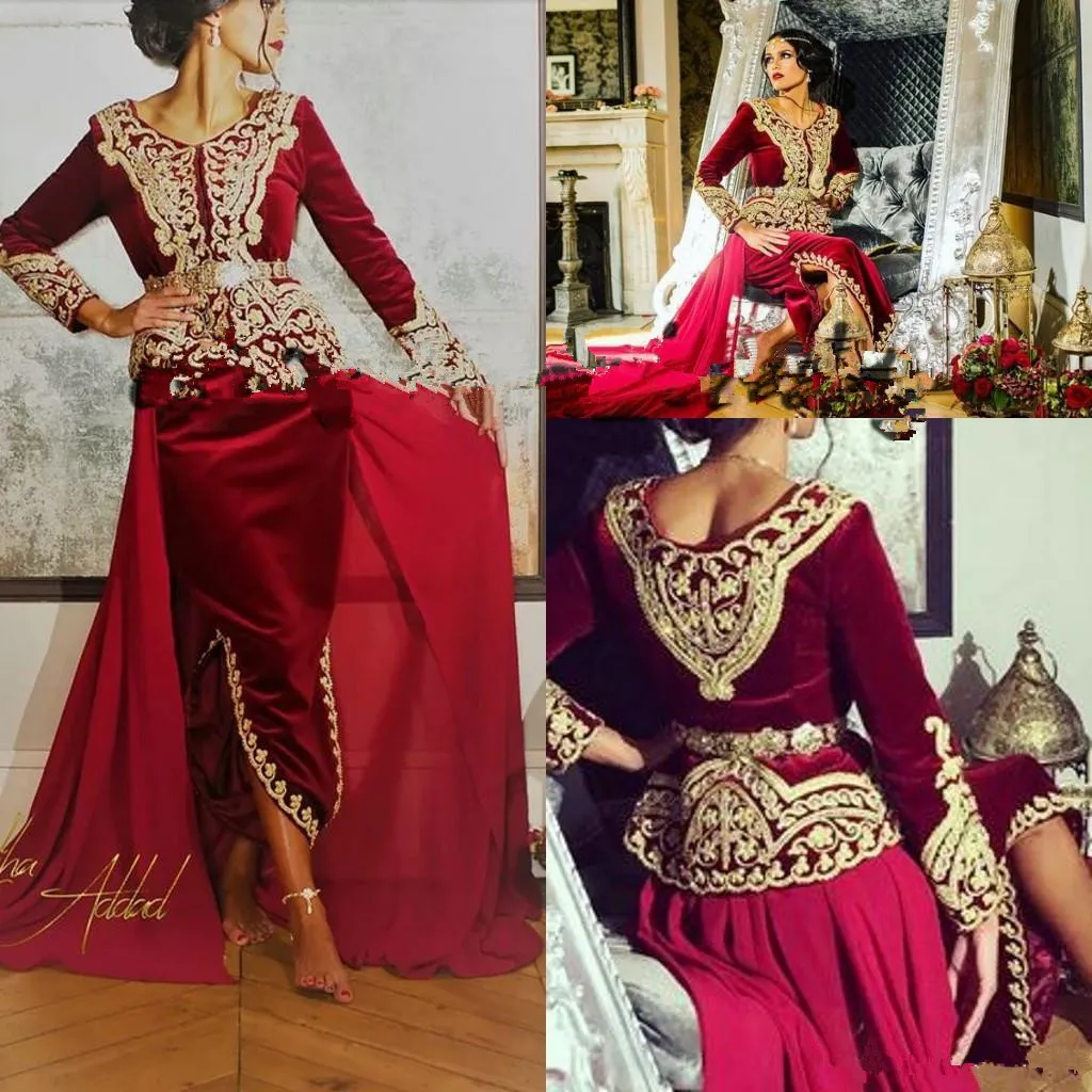 Caftan karakou algerien Prom Vestidos formales con manga larga 2019 Borgoña Terciopelo Encaje dorado Peplum Ocasión Vestido de noche