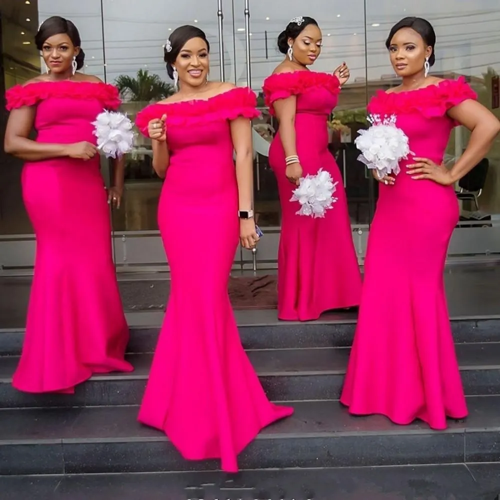 Hot Pink Mermaid Bridesmaid Dresses Off The Shoulder Satin Ruffles Robe Maid Of Honor Long Wedding Guest Dress