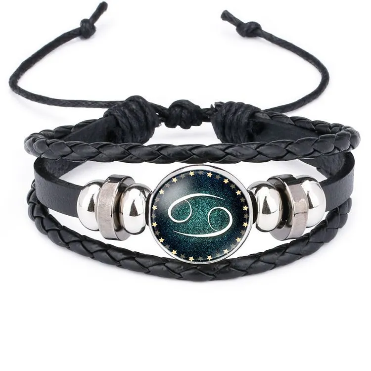 12 horóscopo signo pulsera tiempo piedra preciosa vidrio cuero multicapa Wrap pulseras brazalete pulsera moda hip hop joyería