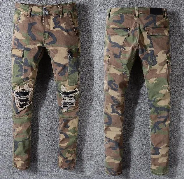 Jean classique hip hop pour hommes, denim camouflage, troué, pantalon de motard déchiré en détresse, coupe cintrée, pantalon rock pour moto