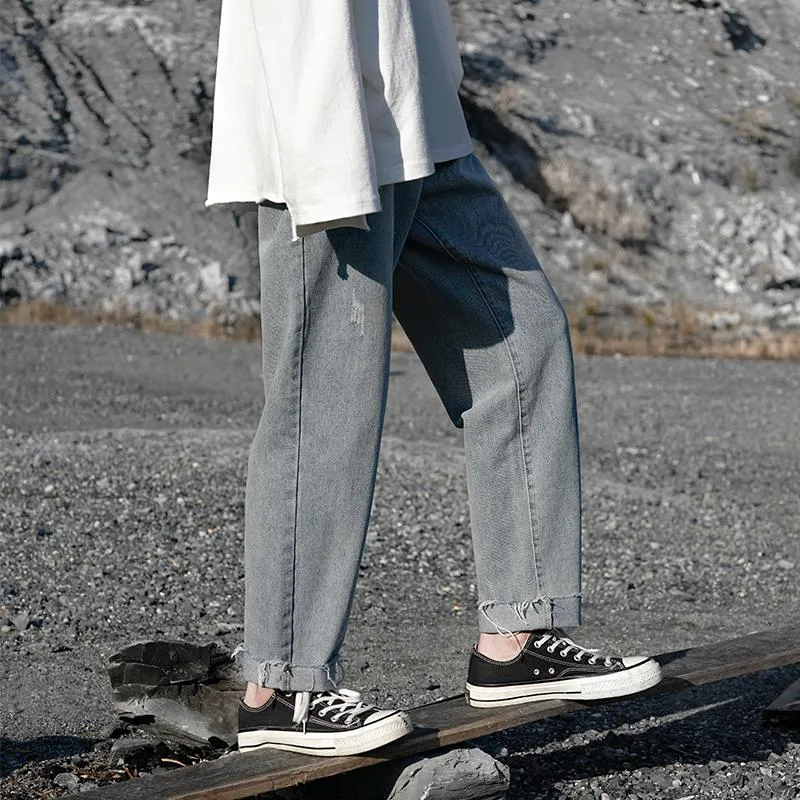 Düz kot erkek moda yıkanmış düz renk rahat delik kot erkekler streetwear vahşi gevşek hip hop denim pantolon M-2XL