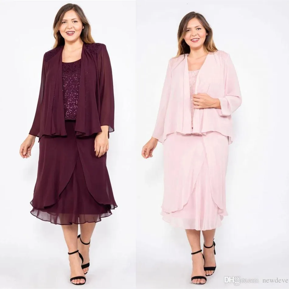 Burgundy Chiffon Mother Of The Bride Dresses Tea Length Mother Formal Gowns Two Pieces Plus Size Lace A line Wedding Guest Dress