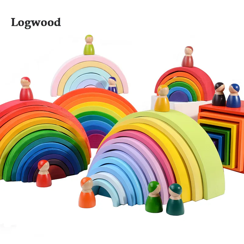 Large Size Rainbow Stacker Wooden Block Building Toys For Kids Montessori Educational Enlighten Train