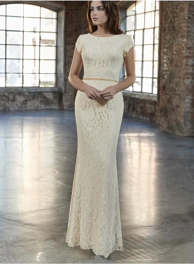 2019 New Mermaid Cream Lace Long Modest Bridesmaid Dresses With Cap Sleeves Floor Length Women Formal Modest Bridesmaid Gowns Beaded Waist