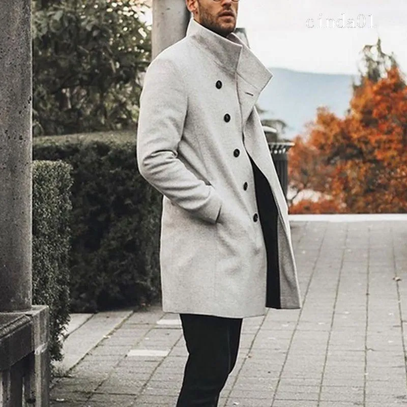 2020 Mens Wild Standing Collar Single-Breasted Coat Slim Solid Color Long Trench Jacket Casual Overcoat