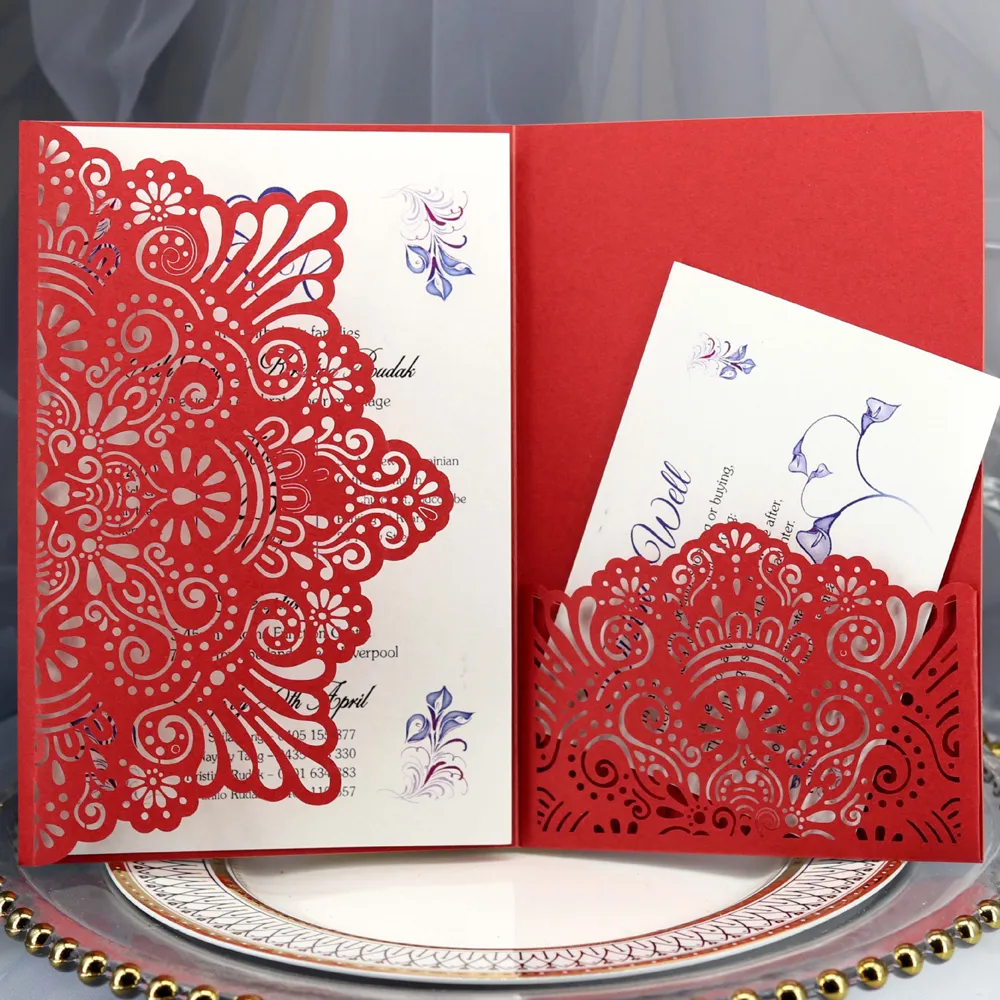 Carte d'invitation de mariage découpée au laser unique avec poche pour carte RSVP, invitation de soirée nuptiale creuse rouge avec enveloppe