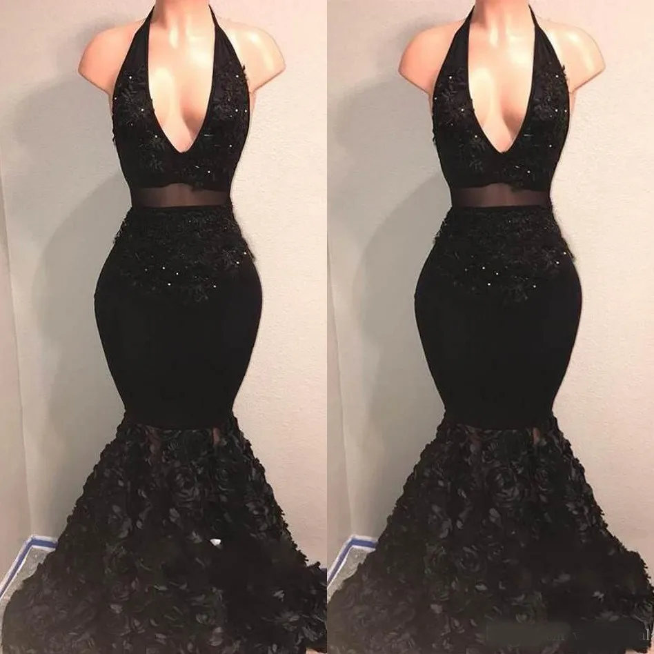 Two Pieces Black Halter Deep V-Neck Prom Dresses 2019 Sleeveless Mermaid Ruffles Backless Formal Party Evening Dresses Gowns